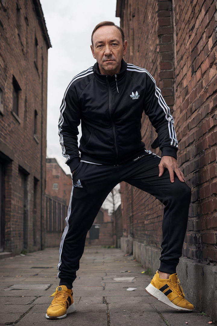 (dynamic pose:1.2),(dynamic camera),(art retouch, photo surrealism),
close-up an handsome Kevin Spacey ,(in an adidas trac...